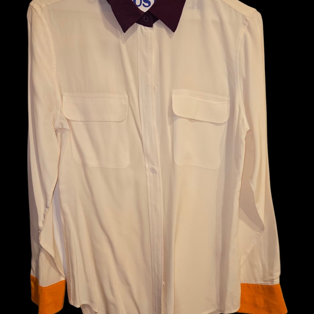 Women Whit Silk Shirt with Purple Collar and Orange Cuffs